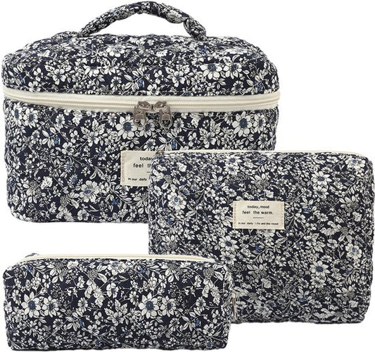 Skycases Travel Essentials - Trousse de maquillage 3 pièces - Coton écologique - Organisateurs floraux matelassés - Spacieuse, durable et idéale pour les voyages