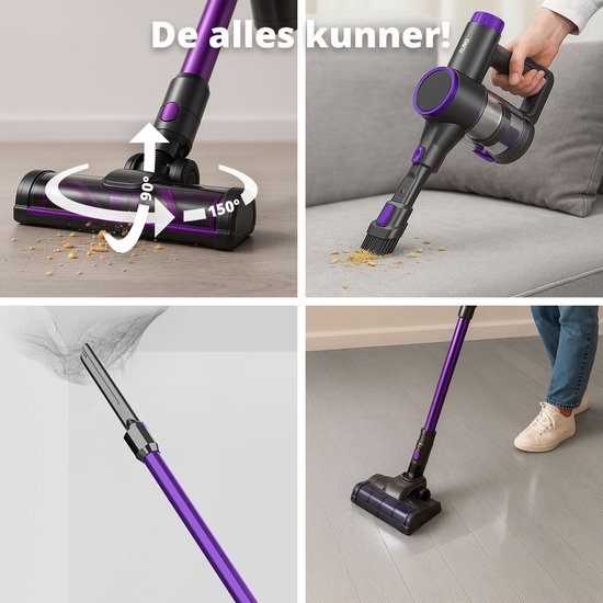 FlinQ Aspirateur V8 - Aspirateur balai avec fonction serpillière - Aspirateur balai sans fil - Aspirateur sans sac - Avec batterie durable - Sans fil et utilisable comme dépoussiéreur