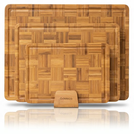 Deleca 3-Piece Chopping Board Set Bali with Holder - Planches à découper (40x30 | 33x24 | 26x18 cm) - Pour la cuisine japonaise - Planche à servir, Planche à fromage, Planche à servir, Planche à découper et Planche à tapas - Carbonised FSC Bamboo