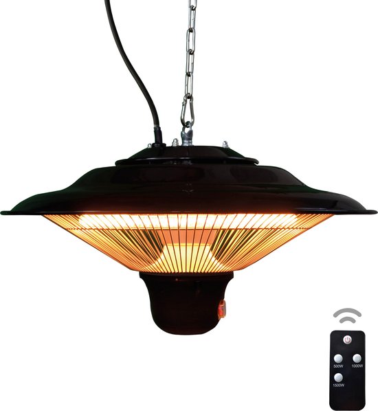 BRASQ Electric Terrace Heater Pendant PHC100 - Chauffage infrarouge 1500W - avec télécommande - 3 niveaux de chaleur - Pour l'intérieur et l'extérieur - Résistant aux éclaboussures - Noir