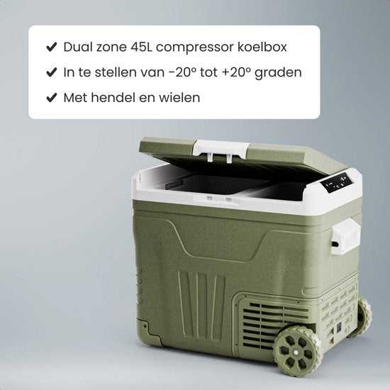 Auronic Electric Cool Box - Compresseur - 2 Zones - 45L - 12/24V et 240V - Réfrigération et congélation - Réfrigérateur de camping - Frigobox Auto - Avec roues et poignée - Vert