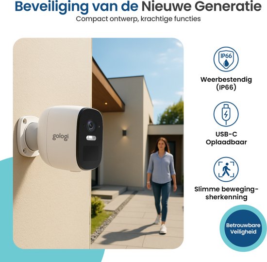 Gologi Caméra de sécurité sans fil pour l'extérieur et l'intérieur - Caméra de surveillance avec batterie 5200 mAh - USB-C rechargeable - Vision nocturne - Détection de mouvement - Montage magnétique - Caméra HD 4MP WiFi avec App - Caméra de sécurité - Bl