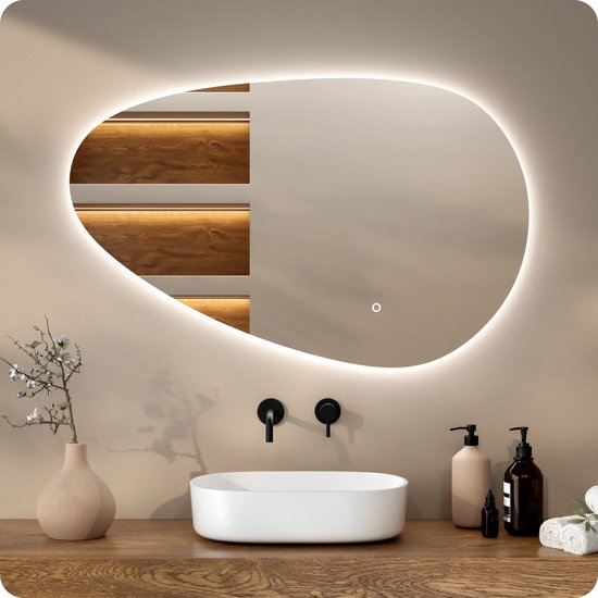 Mirlux Miroir de salle de bain avec éclairage LED et chauffage - Miroir mural asymétrique - Miroir de douche anti-condensation - 100x62.5CM