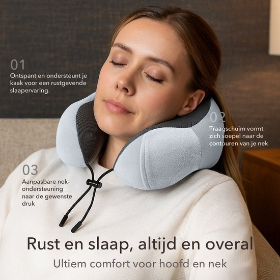 SKYCASES Travel Essentials - Oreiller de cou 3 pièces - Oreiller de voyage ergonomique en mousse à mémoire de forme avec masque pour les yeux et bouchons d'oreille - Idéal pour l'avion, la voiture et le train - Compact et luxueux - Gris clair