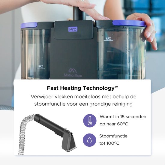 Motionflow Carpet Cleaner PRO - Nettoyage en profondeur avec fonction vapeur jusqu'à 100°C - Puissant nettoyeur de taches 1700W - Nettoyage à la vapeur pour sol, canapé, salle de bain et tapis - Nettoyeur à vapeur et nettoyeur de siège - Produit nettoyant