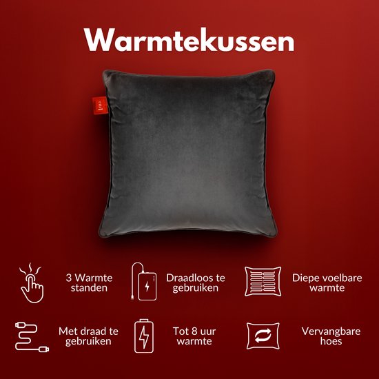 Coozie Rechargeable Heat Pillow - sans fil et filaire - 45-65°C - Velours - 45 x 45 cm - Anthracite Grey - Oreiller électrique - Powerbank incluse - Jusqu'à 8 heures de chaleur