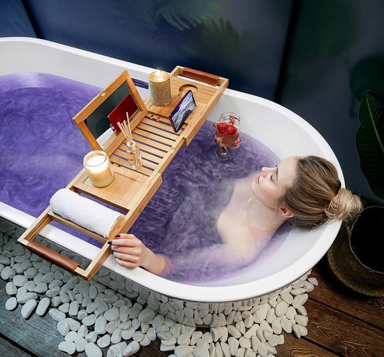 RelaxTub® Bathboard - Planche de bain pour la salle de bain - Support de bain - Ajustable - Antidérapant - Planche de bain en bambou - Planche de bain en bois - Support de bain comprenant un porte-livre, un porte-tablette et un miroir