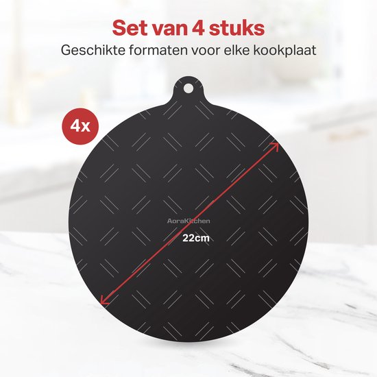 AoraKitchen Protecteur pour induction - 4 pièces - jusqu'à 280°C - Protecteur de plaque chauffante - Dessous de plats - Ø 22cm - Noir