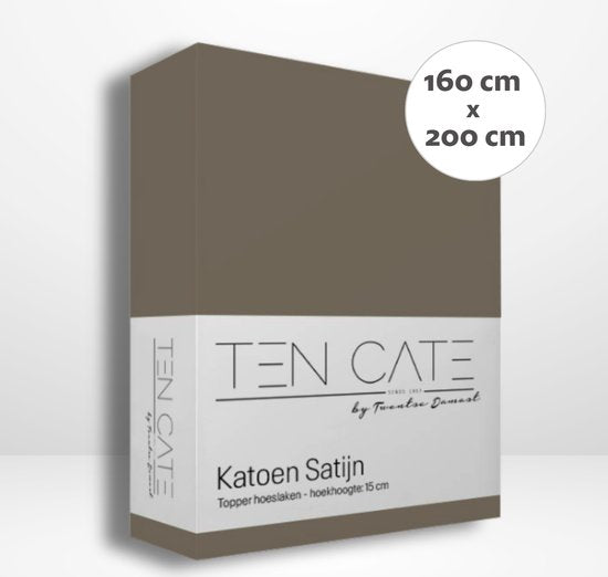 Ten Cate - Drap-housse 160x200 - Drap-housse 160x200 - Convient pour sur-matelas 160 x 200 - Satin de coton - Sur-matelas 160x200 - Hauteur d'angle 10 cm - Taupe