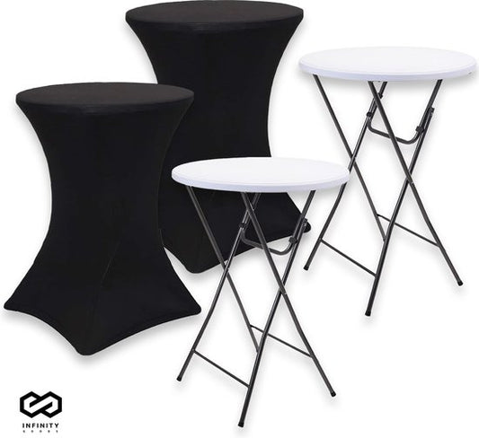 Infinity Goods 2x Stevige Statafel + 2x Zwarte Statafelrok - Partytafel - Robuust en Weersbestendig - Inklapbaar - 80cm x 110cm - Feest - Wit/Zwart