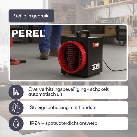 Perel Chauffage électrique à ventilateur 3300W avec thermostat et mode de refroidissement, protection contre la surchauffe IP24, chauffage portable compact pour l'atelier, le garage, la remise ou l'espace industriel