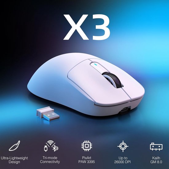ATTACK SHARK X3 Wireless Gaming Mouse - Filaire/2.4G/BT5.4 - Léger 49G - PAW3395 - 26000DPI - Blanc