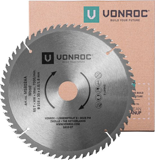 Lame de scie VONROC - Ø216MM - 60 dents - pour bois - convient aux scies circulaires et scies à table