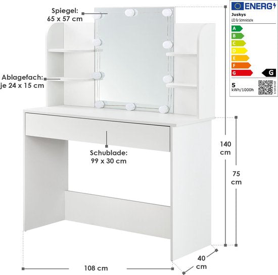 Table de maquillage Bella - Blanc - Miroir et éclairage LED inclus