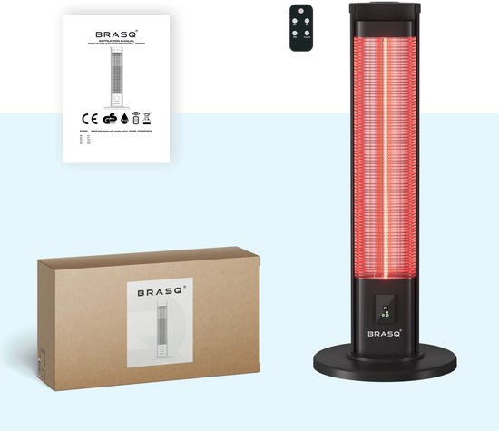 BRASQ Chauffe-terrasse électrique sur pied - 2000 watts - 3 niveaux de chaleur - avec télécommande et minuterie - Chauffage infrarouge - résistant aux éclaboussures - chauffage pour l'intérieur et l'extérieur - Noir