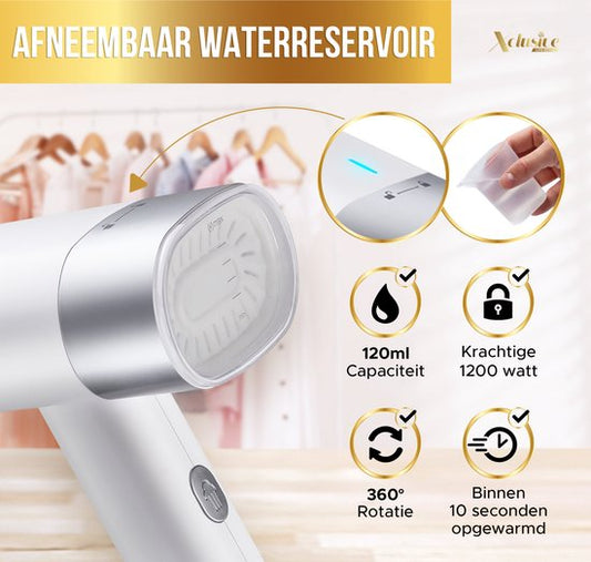 Xclusive-lifestyle Easy-Compact Clothes Steamer & Cleaner - Pliable - En 10 sec. Réchauffé - Rideaux, tissus et meubles - Démêlant - Vaporisateur - Nettoyeur à sec - Pochette de voyage et crochet inclus