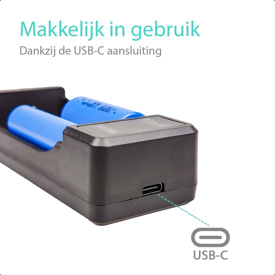Tech Essentials 2 Slots 18650 Charger With 2x 18650 Batteries 2600mAh 3.7V - 7.8A - USB-C - Li-ion 3.7V - Lithium - Holder - Battery