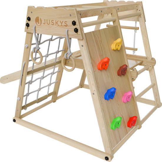 Juskys - Cadre d'escalade d'intérieur pour enfants - 102 x 98 x 100 cm & avec toboggan et mur d'escalade - équipé d'anneaux tournants et d'une échelle de corde - pliable et autoportant - bois naturel et fourré