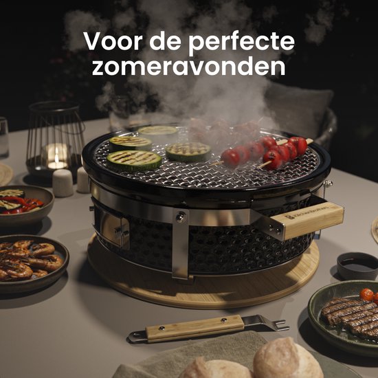 KitchenBrothers Kamado Hibachi Grill - Sans PFAS - Barbecue au charbon de bois - Shichirin Table Grill - Round BBQ - Barbecue en céramique - Noir