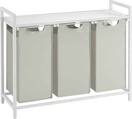 VASAGLE - Panier à linge, panier à linge sale, avec 3 compartiments et 3 poches amovibles en tissu Oxford, plan de travail, cadre métallique - 3 x 38 litres, 92,5 x 33 x 72 cm, blanc BLH301W01