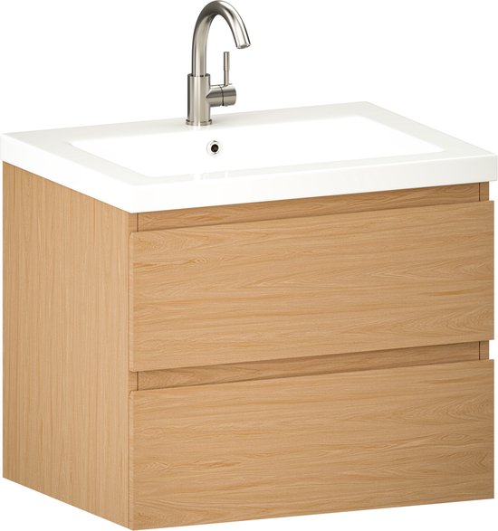 Mirlux Meuble de salle de bains Chêne clair 60 cm - Lavabo Blanc - Ensemble de meubles de salle de bains - Meuble lavabo Chêne clair