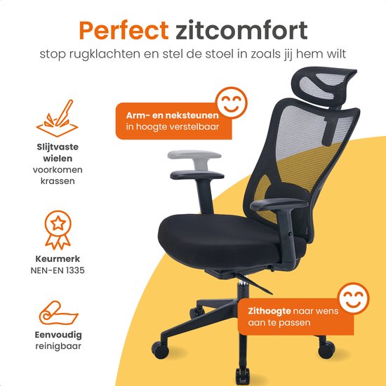 Goliving Ergonomic Office Chair - Chaise de bureau - Avec appui-tête - Chaise de bureau - Réglable - Gaming - Pour adultes - NEN-1335 - Noir