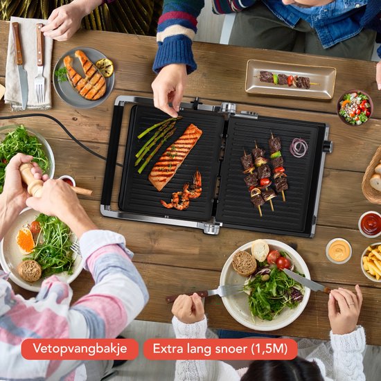 KitchenBrothers Contact Grill Deluxe - Appareil à griller - Plaques de gril amovibles - Gril à panini - 5 réglages de hauteur - 2000W - acier inoxydable