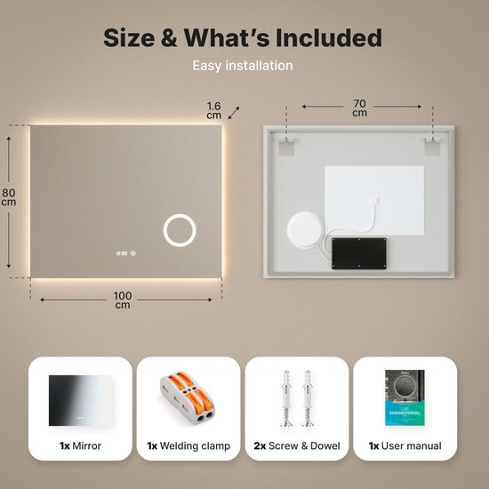 Mirlux Miroir de salle de bain avec éclairage LED et chauffage - Miroir mural rectangulaire - Miroir de douche anti-condensation - 100x80CM