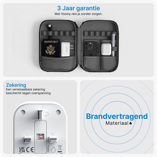 Voomy Travel plug UK/UK - USB-C & USB-A - Prise mondiale de type G - Blanc