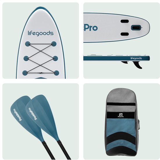 LifeGoods PaddlePro SUP Board - avec siège - Planche à pagaie gonflable - Ensemble complet - Max. 135KG - 320x81cm - Blanc/Aqua profond