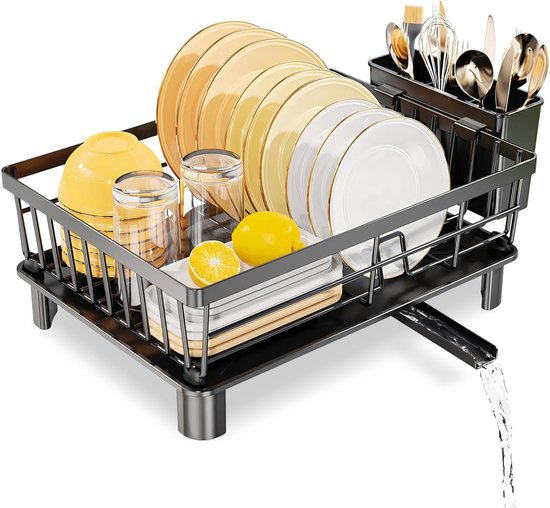 Luft Egouttoir avec plateau d'égouttage - Egouttoir à vaisselle - Egouttoir à vaisselle - Noir - Tapis d'égouttage - Idéal pour la cuisine et le camping - acier inoxydable