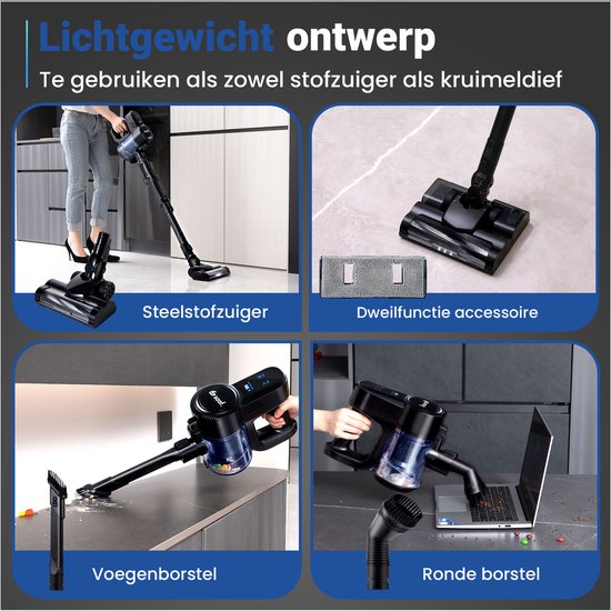 Saaf G90M Aspirateur à manche avec fonction serpillière - set de 8 pièces avec manche pliable - 26.5Kpa - Aspirateur sans sac - 200W - Sans fil - Noir