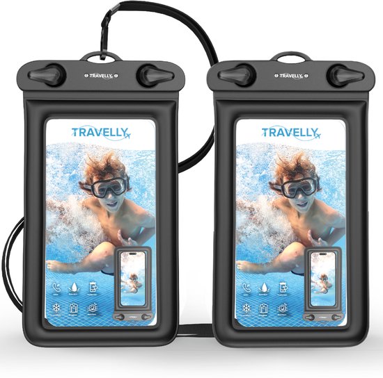 Étui étanche pour téléphone Travelly® - lot de 2 - Étui sous-marin universel pour smartphone - Convient à tous les téléphones - Pour les vacances, la natation et les sports nautiques - Noir/Noir