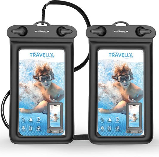 Étui étanche pour téléphone Travelly® - lot de 2 - Étui sous-marin universel pour smartphone - Convient à tous les téléphones - Pour les vacances, la natation et les sports nautiques - Noir/Noir