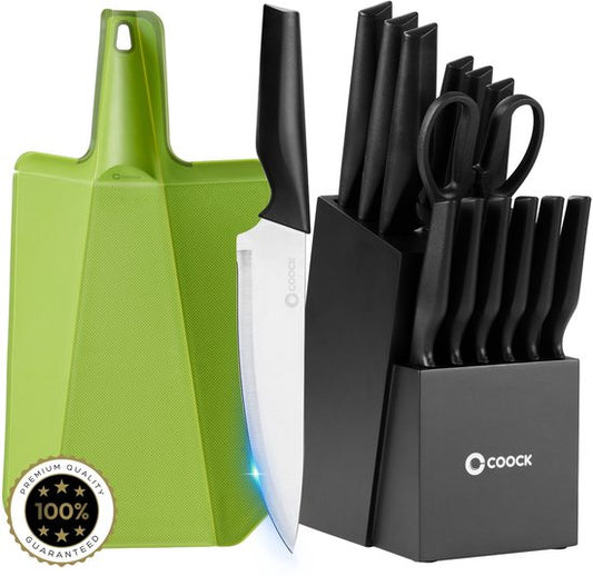 COOCK - Set de couteaux avec bloc et planche à découper pliante - Couteaux de cuisine - Ciseaux - Acier à aiguiser (Aiguiseur de couteaux) - Set d'ustensiles de cuisine 15 pièces dans un bloc à couteaux - Avec revêtement résistant aux rayures - Acier inox