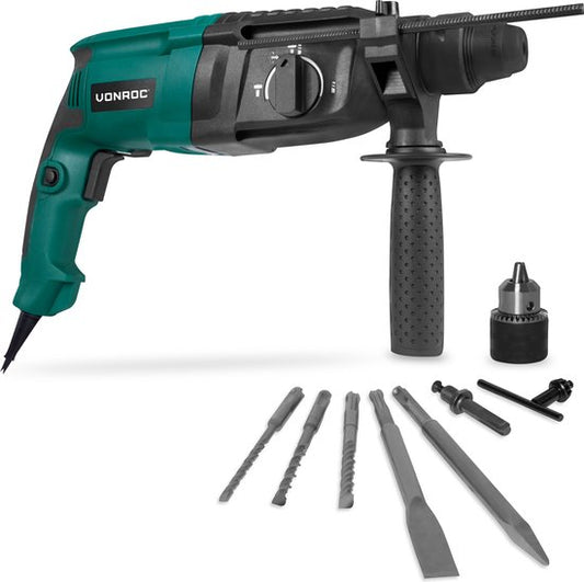VONROC Marteau perforateur 800W - 3 Joule - SDS plus - 4 fonctions - Tête d'engrenage et accessoires inclus