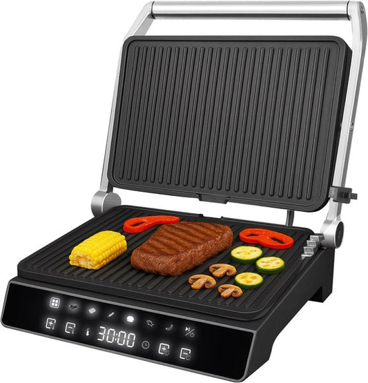 AoraKitchen Contact Grill - 180º Fold-out - Appareil à griller avec plaques amovibles - 7 supports - Fer à sandwich et à panini - 2000W