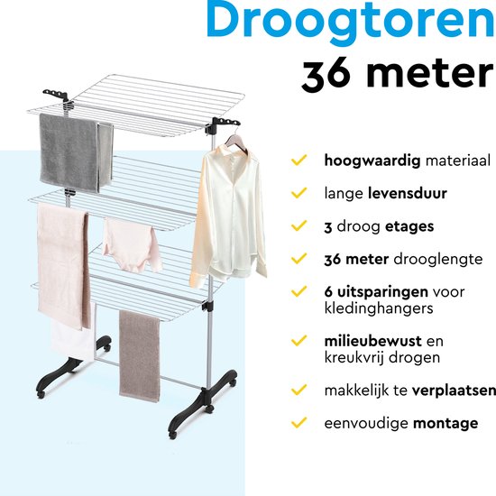 BRASQ Drying Tower Collapsible 3 Layers - Drying Length 36 Metres - Laundry Rack with Wheels and Holders - Drying Rack - Laundry Tower 77x73x140 cm