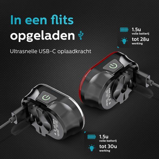 Inlustro Smart Bicycle Light Set - Feu arrière avec capteur de freinage / montage sur la selle - Feux de vélo LED rouge et blanc - Feu avant de vélo - rechargeable par USB / étanche