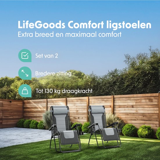 LifeGoods Chaises longues confort - pliable - 30°-90° réglable - support pour gobelets et téléphone - chaises de jardin - noir/gris