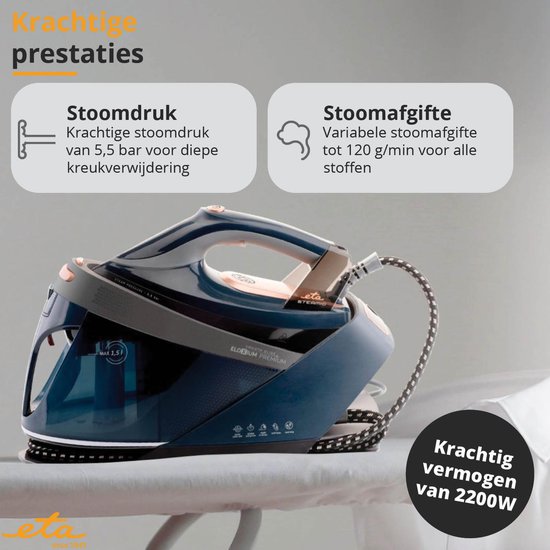 ETA Steamio Fer à repasser à vapeur avec réservoir d'eau et mode ECO - Fer à repasser avec générateur - Chauffe en 40 secondes - Anti-calcaire et anti-goutte - Noir/Or