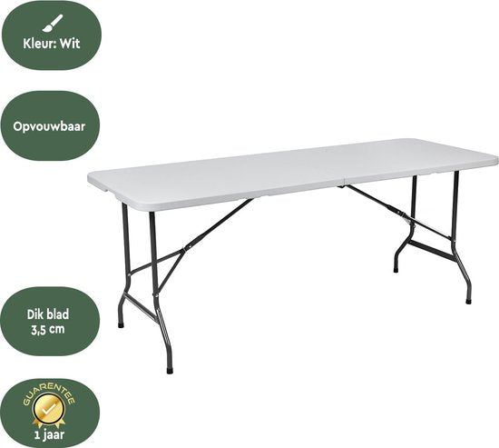 BRASQ Table pliante pliable blanche - 180x70x74cm- Table de camping - Table pliante - Résistante aux intempéries - Table avec poignée de transport