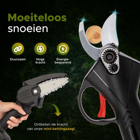 Qualitá® Sécateur électrique - Mini tronçonneuse 2 en 1 - cisaille à fleurs, coupe-bordures, taille-haies électrique - 2 piles avec chargeur de piles - boîte de rangement incluse Outils de jardinage