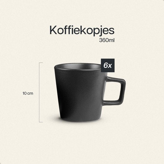 Deleca Tasses à café Set of 6 - Tasses à café avec oreille - Tasses à café / Mug - Faïence solide - Noir mat / 360 ml