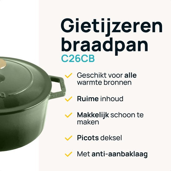 MOA Casserole en fonte - 5,7L - Pour toutes les sources de chaleur y compris l'induction - Avec couvercle - Ø 26cm - Revêtement antiadhésif - Vert