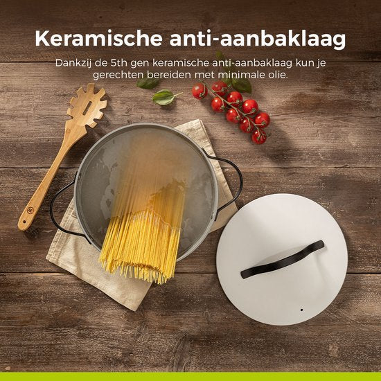 BE Living Essential Casserole avec couvercle - Ø 28 cm - Poêle de cuisson - Céramique - Sans PFAS - Induction - Blanc
