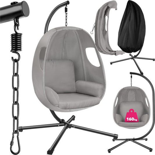 tectake® Chaise suspendue avec cadre - Chaise à bascule avec coussin + coussin de dossier - Meuble de salon ou de chambre - Meuble de balcon - Intérieur ou extérieur - Jusqu'à 160kg - Gris clair