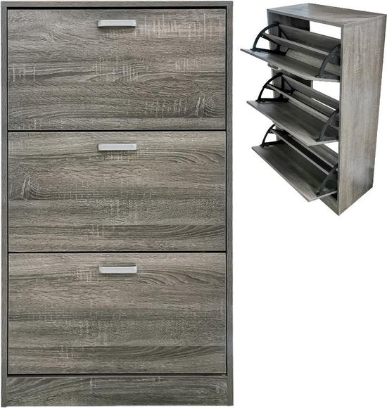 Meuble à chaussures - étagère à chaussures - 3 compartiments avec portes à rabat - gris brun