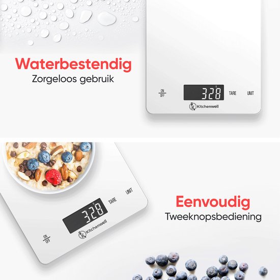 Kitchenwell Balance de cuisine numérique de précision - Balance de cuisine - 1gr - 15kg - Fonction tare - Rechargeable par USB - Blanc