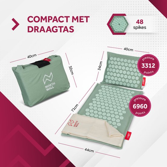 Tapis d'ongles Northwall avec oreiller et sac de transport - Tapis d'acupression avec oreiller pour les ongles - Lit pour les ongles - Acupuncture - Méditation - Massage Shakti - Vert